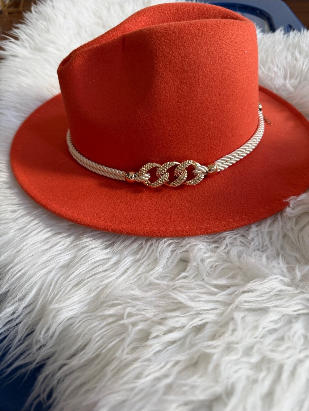 Women's Orange Felt Fedora with Gold Chain Accent